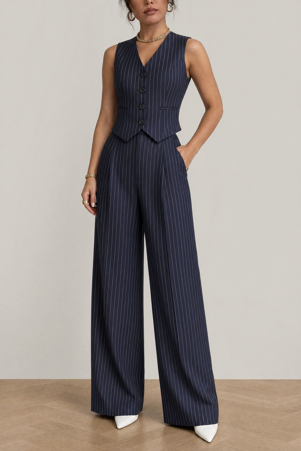Hartley Pinstripe Waistcoat Set in Navy Pinstripe - studio view 2