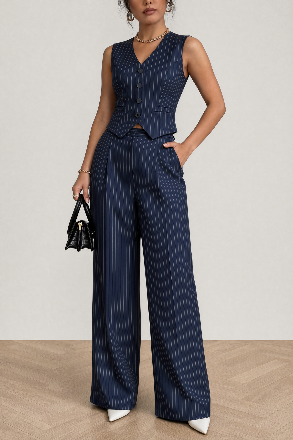 Hartley Pinstripe Waistcoat Set in Navy Pinstripe - studio view 9