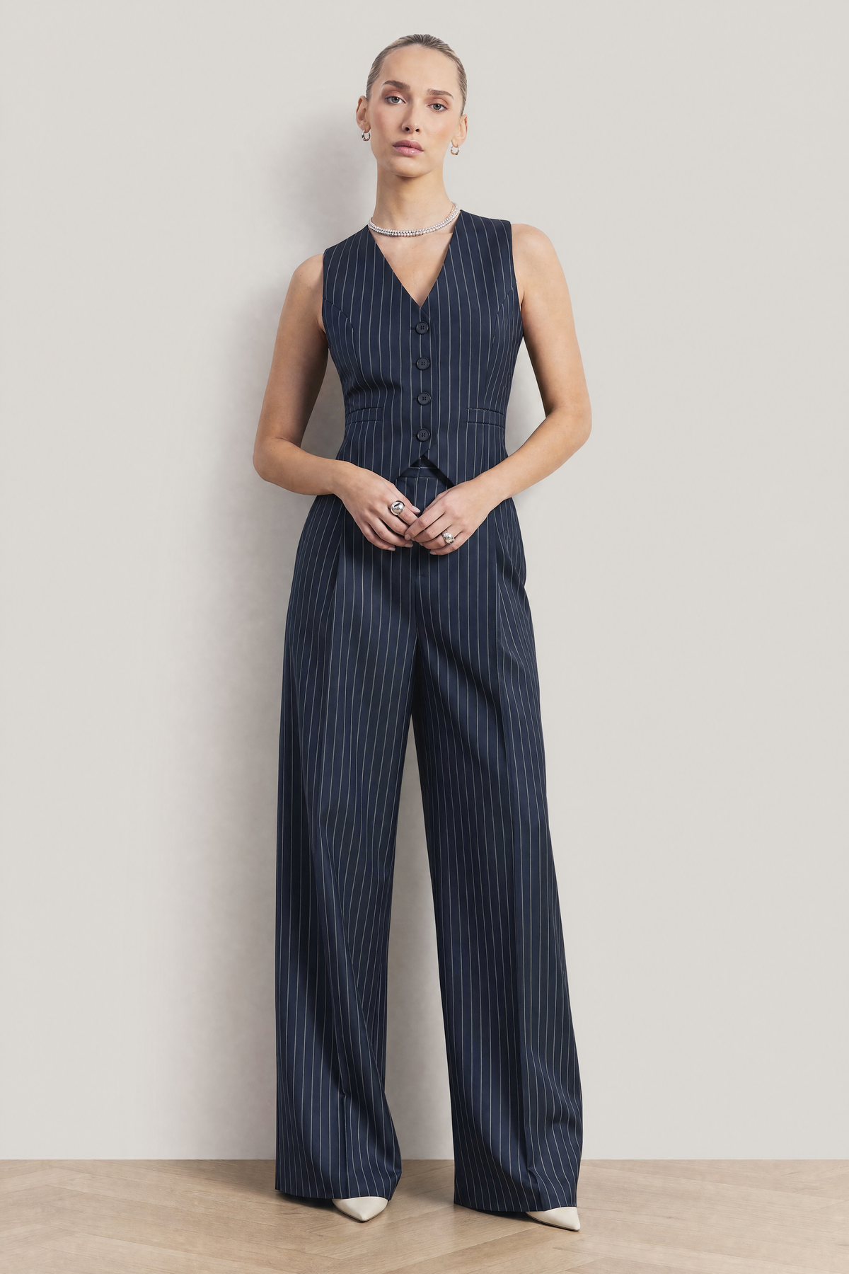 Hartley Pinstripe Waistcoat Set in Navy Pinstripe - studio view 5