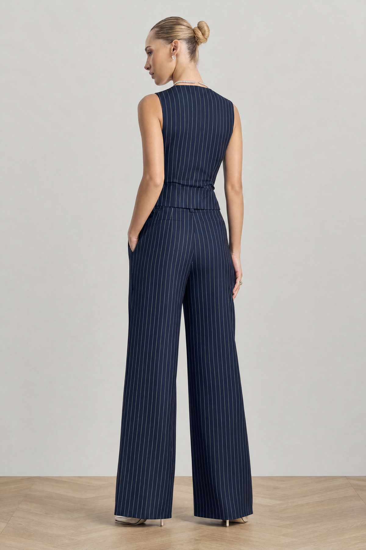 Hartley Pinstripe Waistcoat Set in Navy Pinstripe - studio view 7