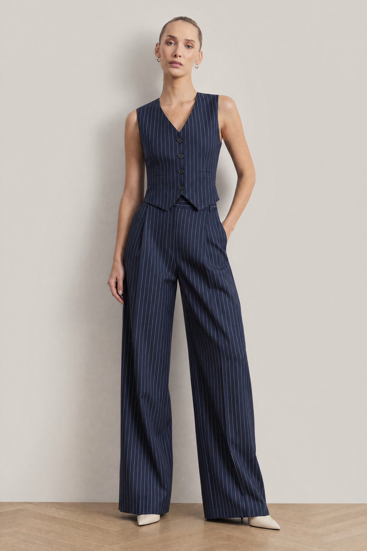 Hartley Pinstripe Waistcoat Set in Navy Pinstripe - studio view 6