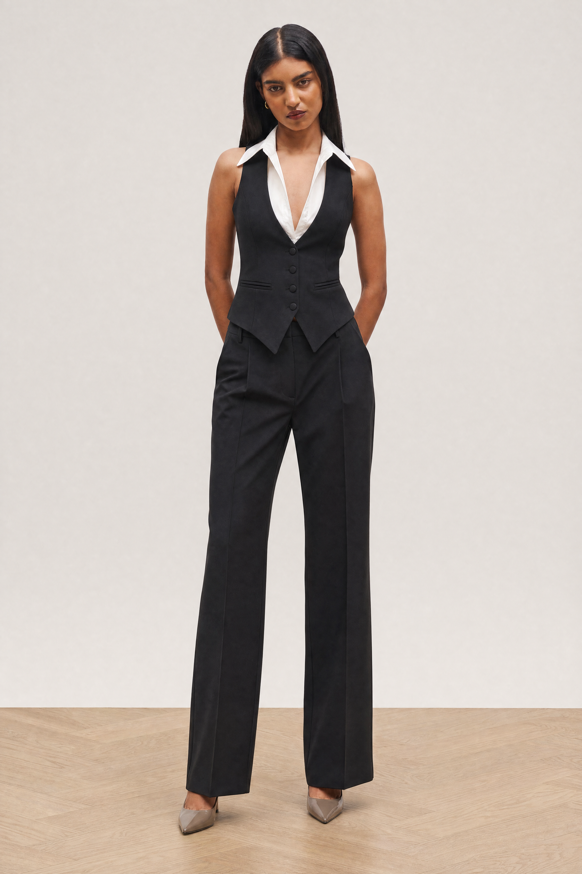 Tailored Waistcoat Layering Top in Black - studio view 2