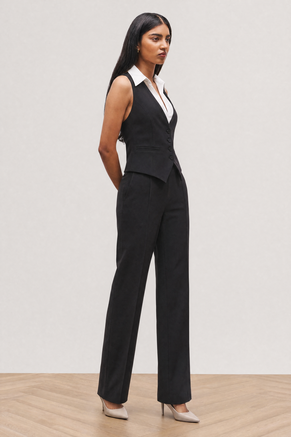 Tailored Waistcoat Layering Top in Black - studio view 3