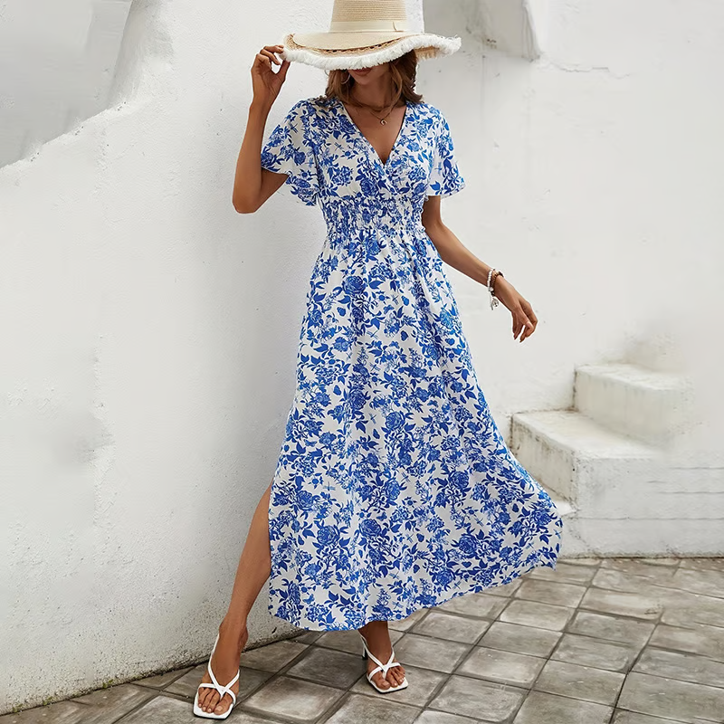 Women's Boho Printed V Neck Short Sleeve Maxi Dress
