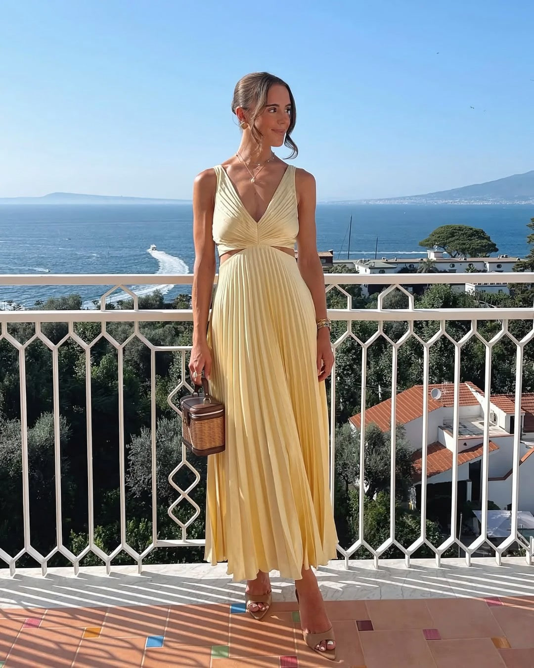 Women's Pleated Cutout Waist Midi Wedding Guest Dress