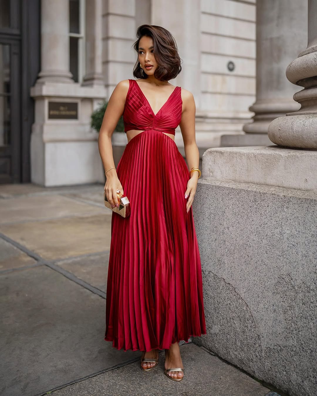 Women's Pleated Cutout Waist Midi Wedding Guest Dress