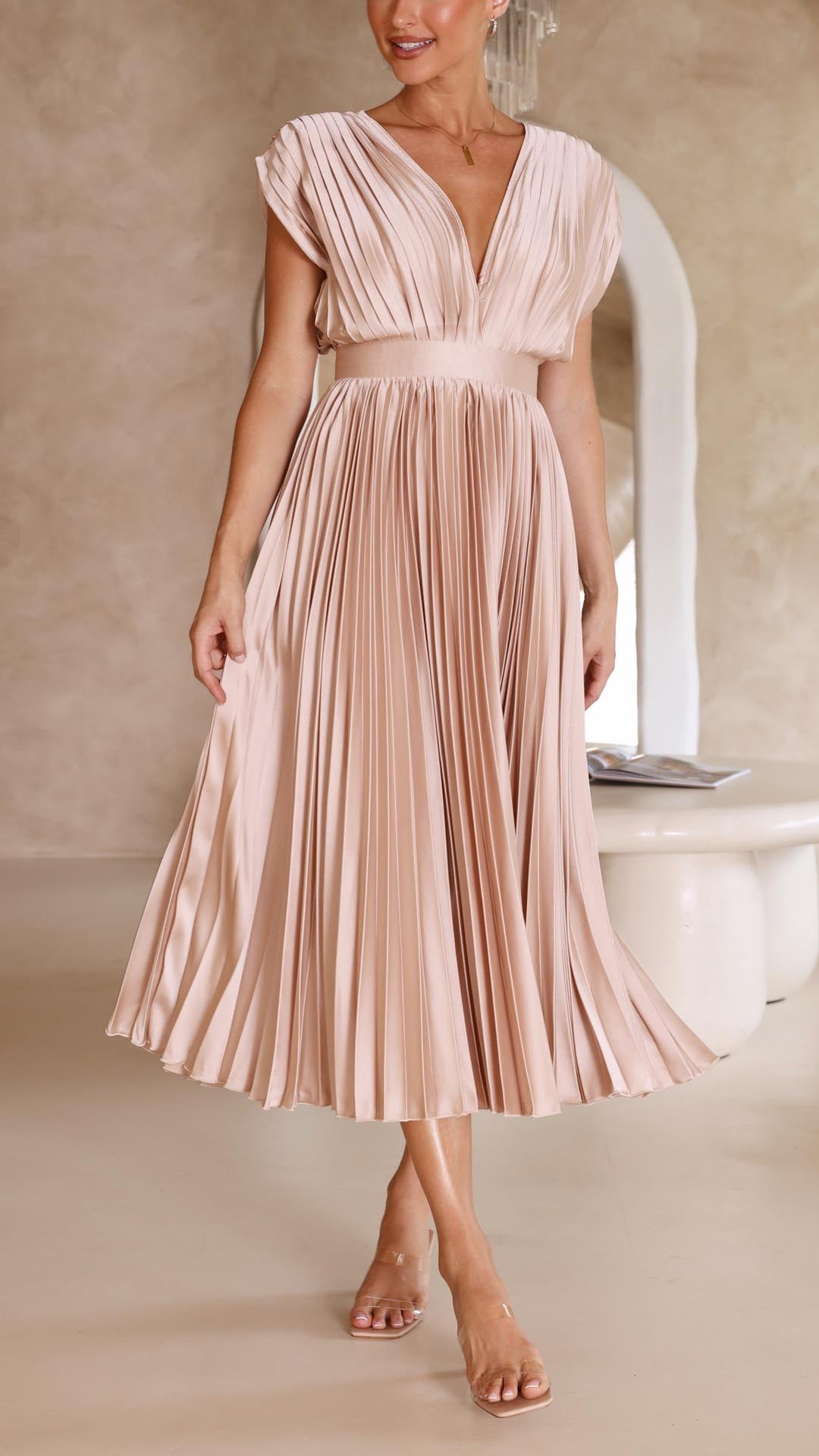 Women's Pleated V Neck Midi Wedding Guest Dress
