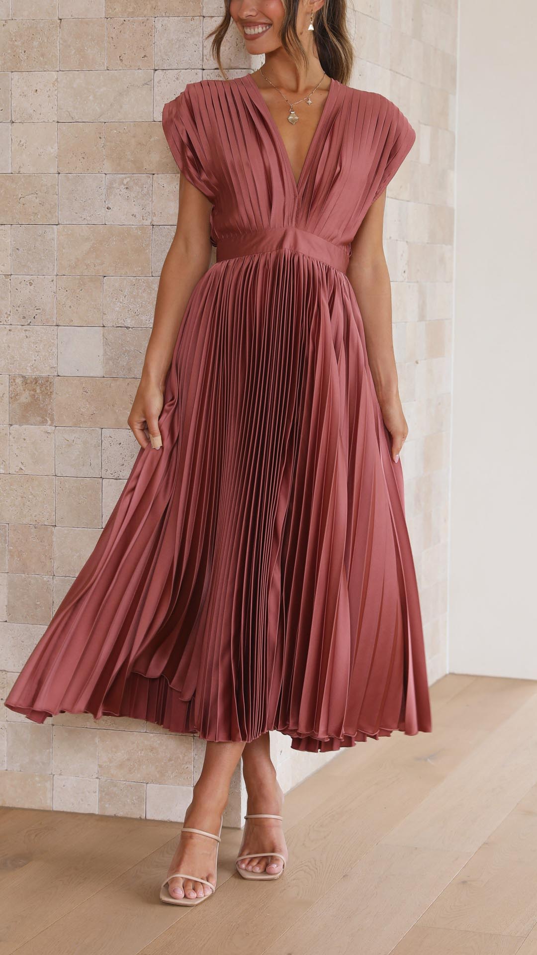 Women's Pleated V Neck Midi Wedding Guest Dress